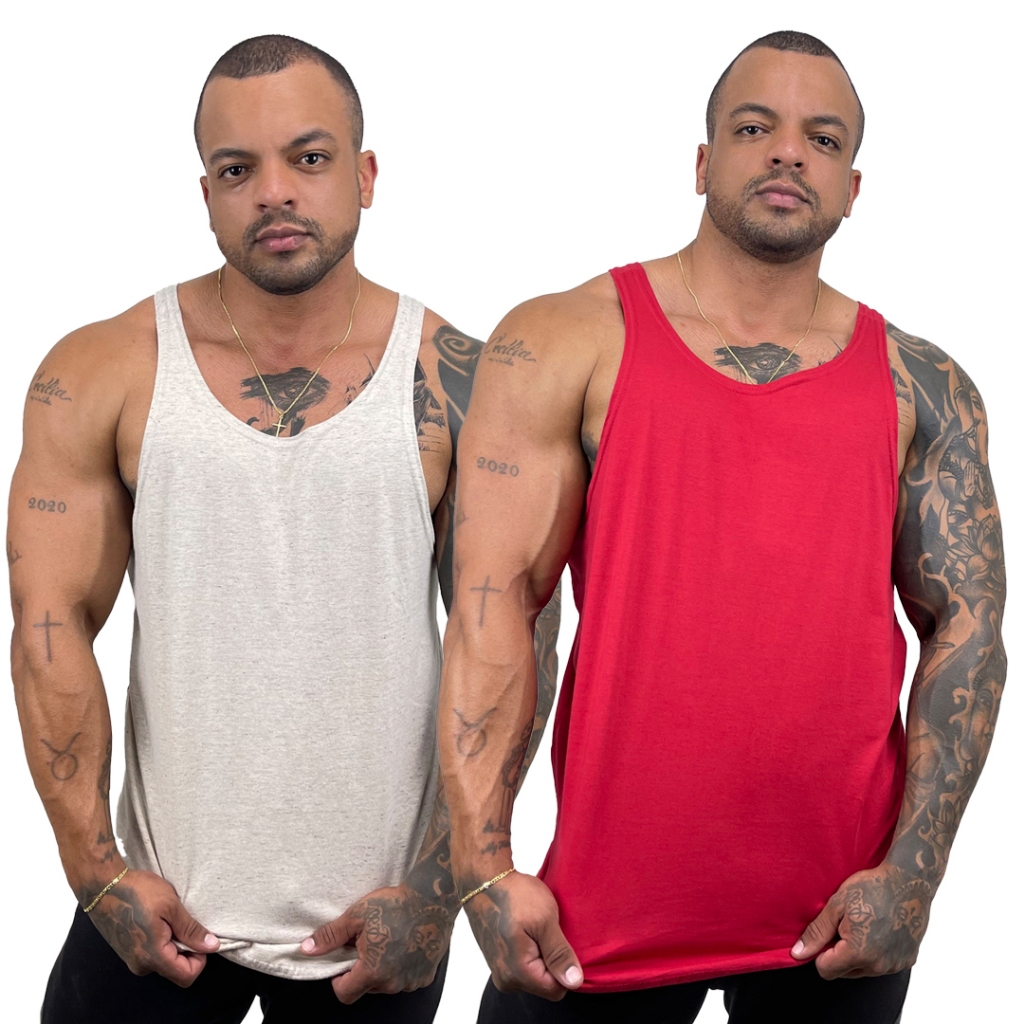 Kit 2 Regatas Masculina Algodão Cavada Academia Básica Sem Estampa Lisa Básica Bombey Bege + Cores