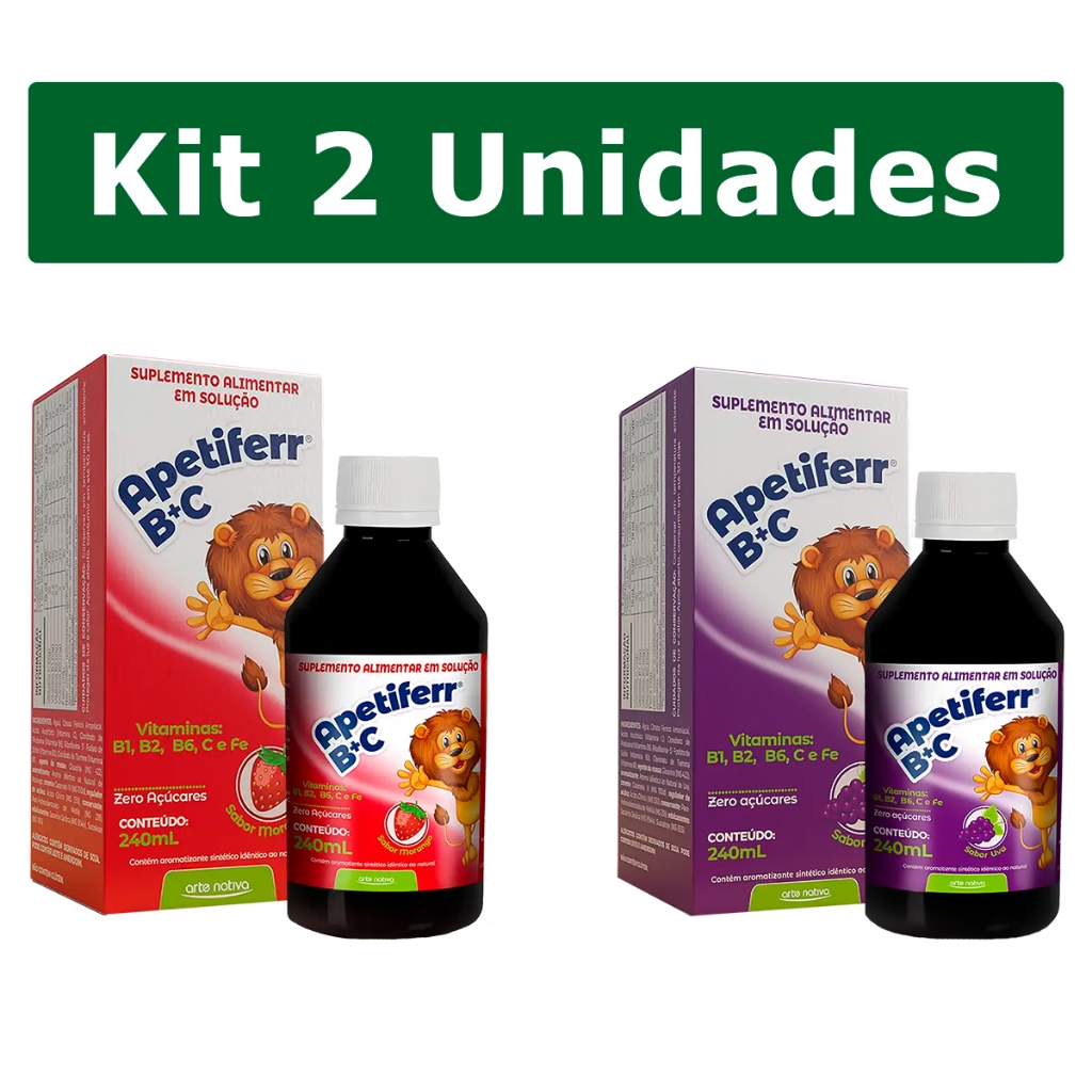 Kit 2 Apetiferr BC Suplemento Infantil Vitamina B e C Para Crianças 240ml Arte Nativa Sabores