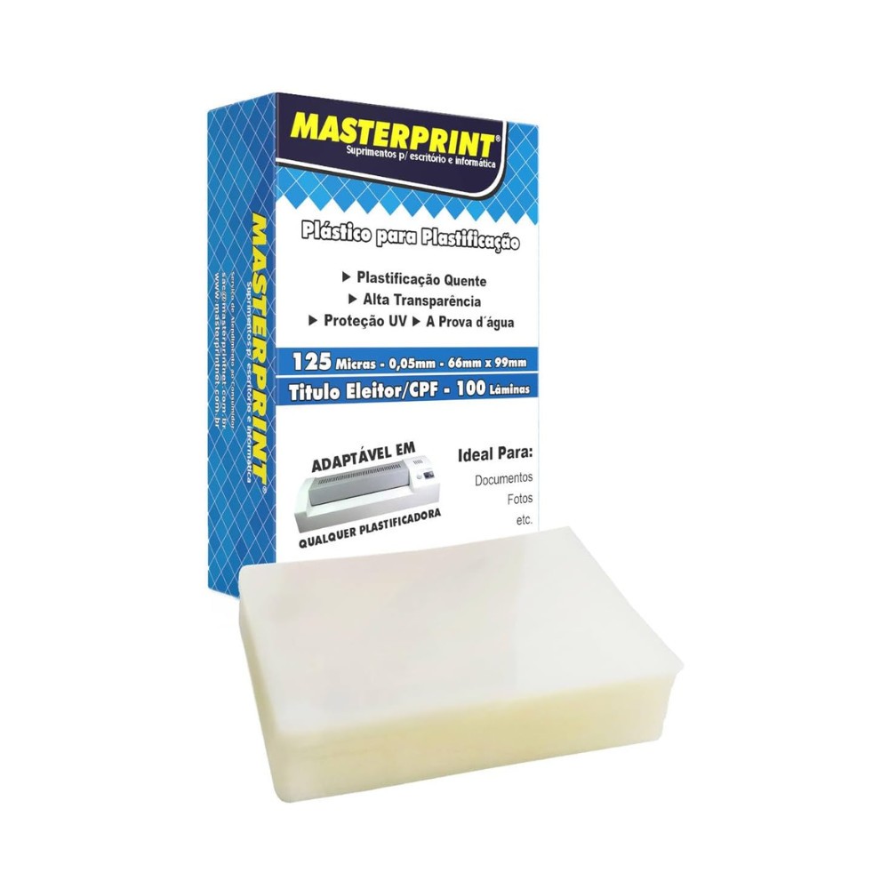 Plástico Plastificação 125 Micras 100 Lâminas 66 x 99mm (Titulo Eleitor / CPF) Masterprint em Oferta na Shopee