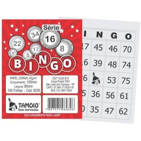 Cartela de Bingo simples papel jornal 45 g/m² 105mm x 85mm 100 folhas Tamoio
