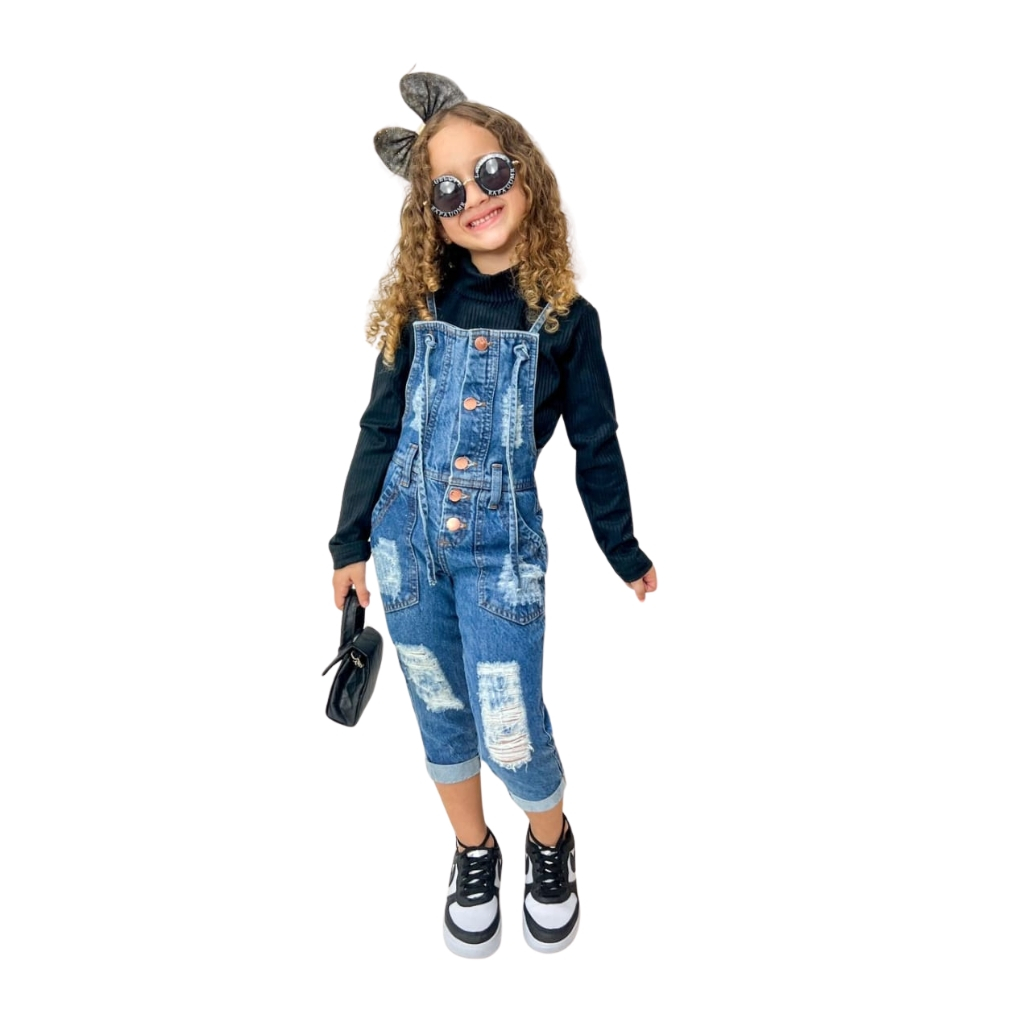 Macacão Jeans Dark Menina Fashion com Destroyed Premium Moda Infantil