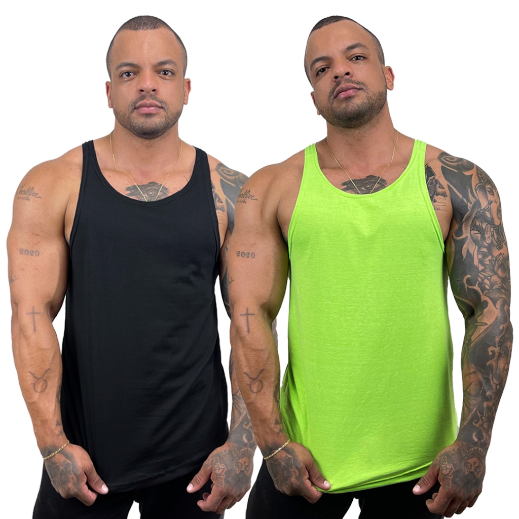 Kit com 2 Regatas Masculinas Preto + Cores Modelo Cavada Nadador 100% Algodão Lisas Básica Bombey