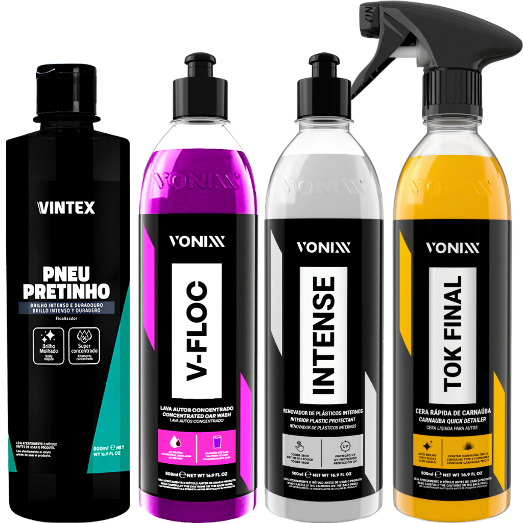 Kit Tok Final Cera Carnaúba + Revitalizador Intense + V-Floc + Pneu Pretinho 500ml Vonixx