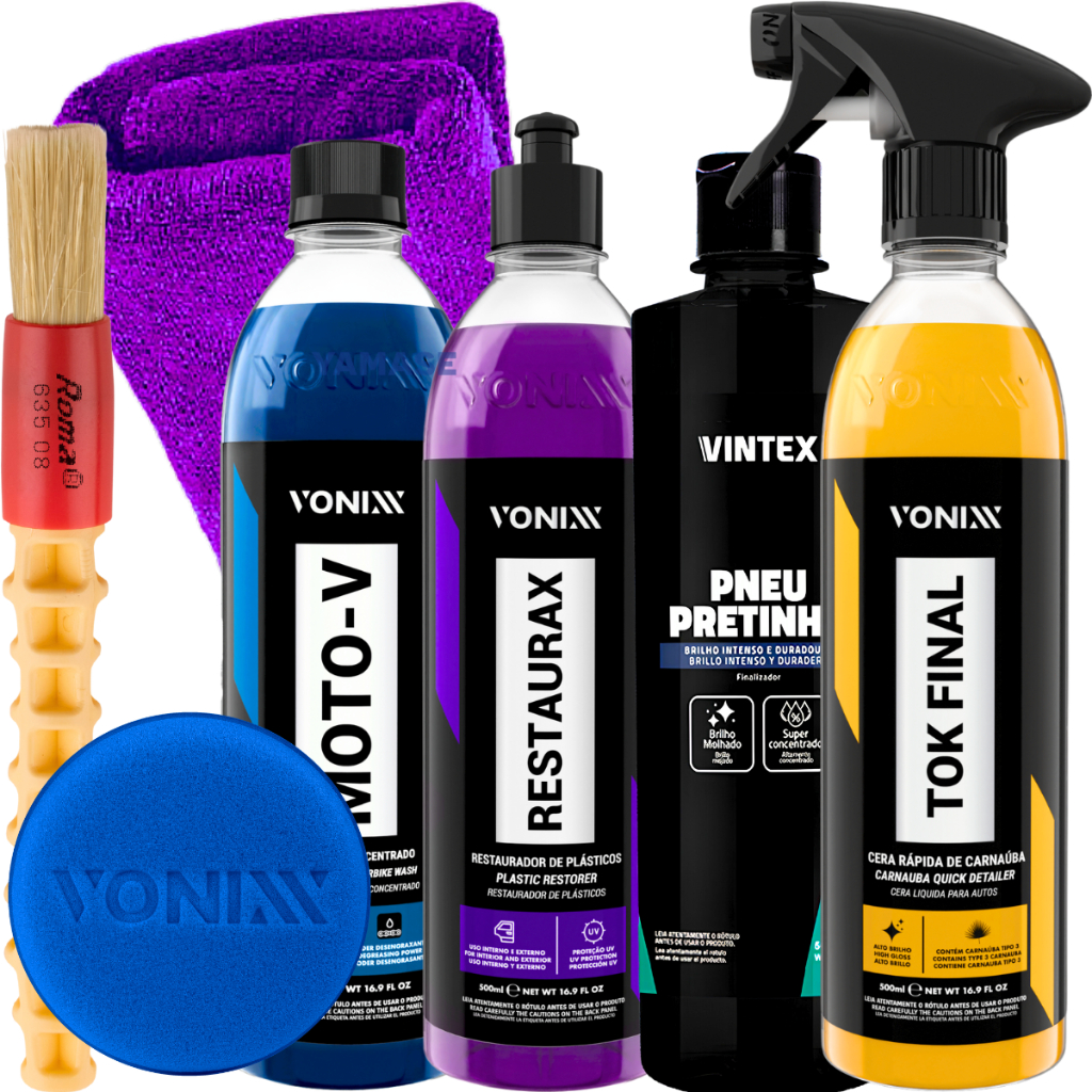 Kit Moto-V Desengraxante Restaurax Revitalizador Cera Tok Final Pneu Pretinho Vonixx em Oferta na Shopee