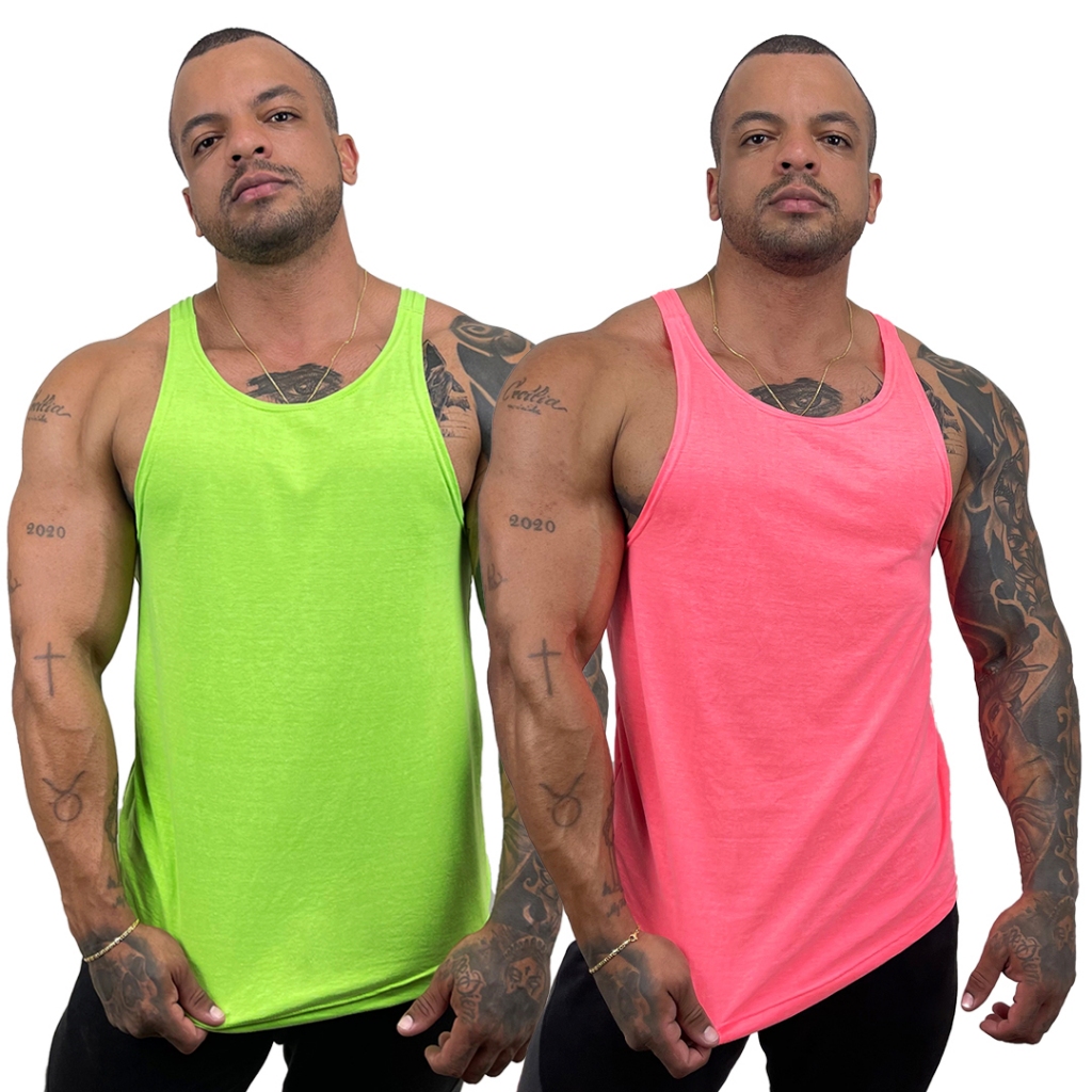 Kit com 2 Regatas Masculinas Rosa Neon + Cores Modelo Cavada Nadador 100% Algodão Lisas - Bombey