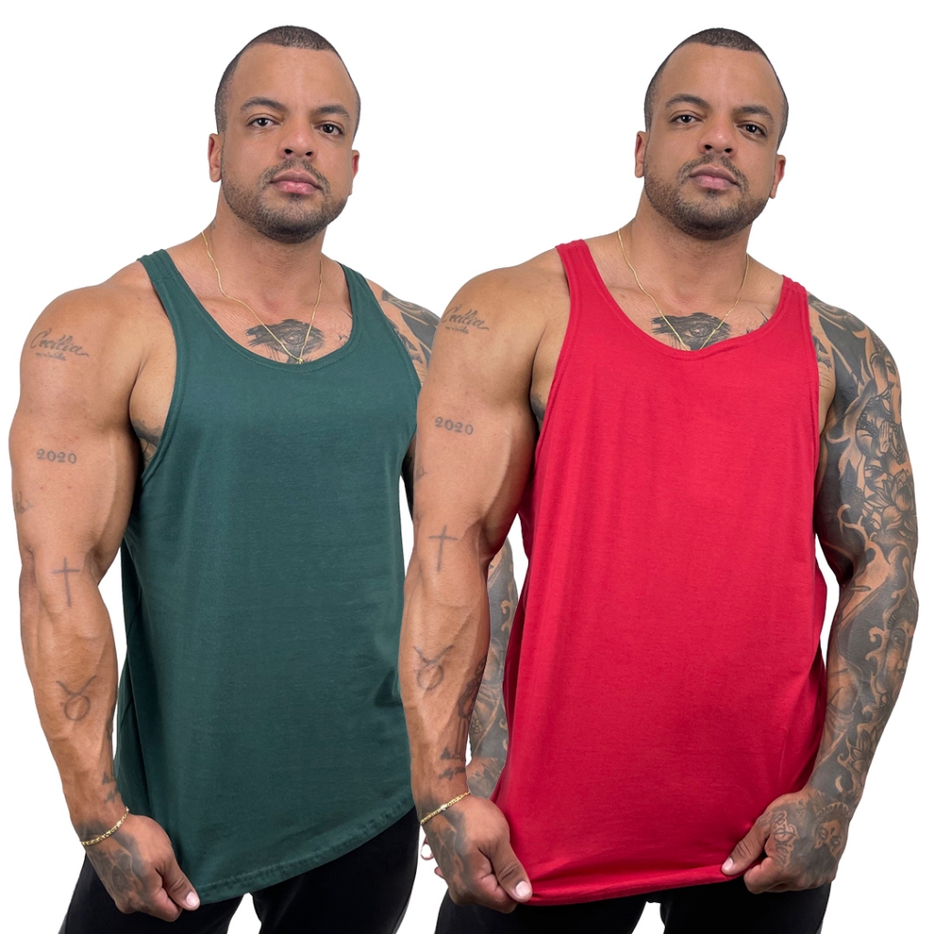 Kit com 2 Regatas Masculinas Verde Musgo + Cores Modelo Cavada Nadador Algodão Lisas - Bombey