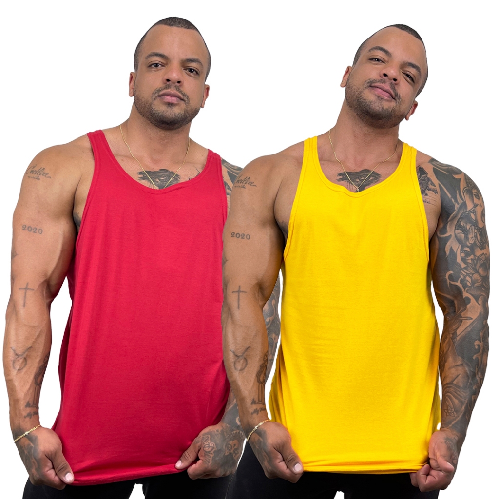 Kit com 2 Regatas Masculinas Vermelho + Cores Modelo Cavada Nadador 100% Algodão Lisas Básica Bombey