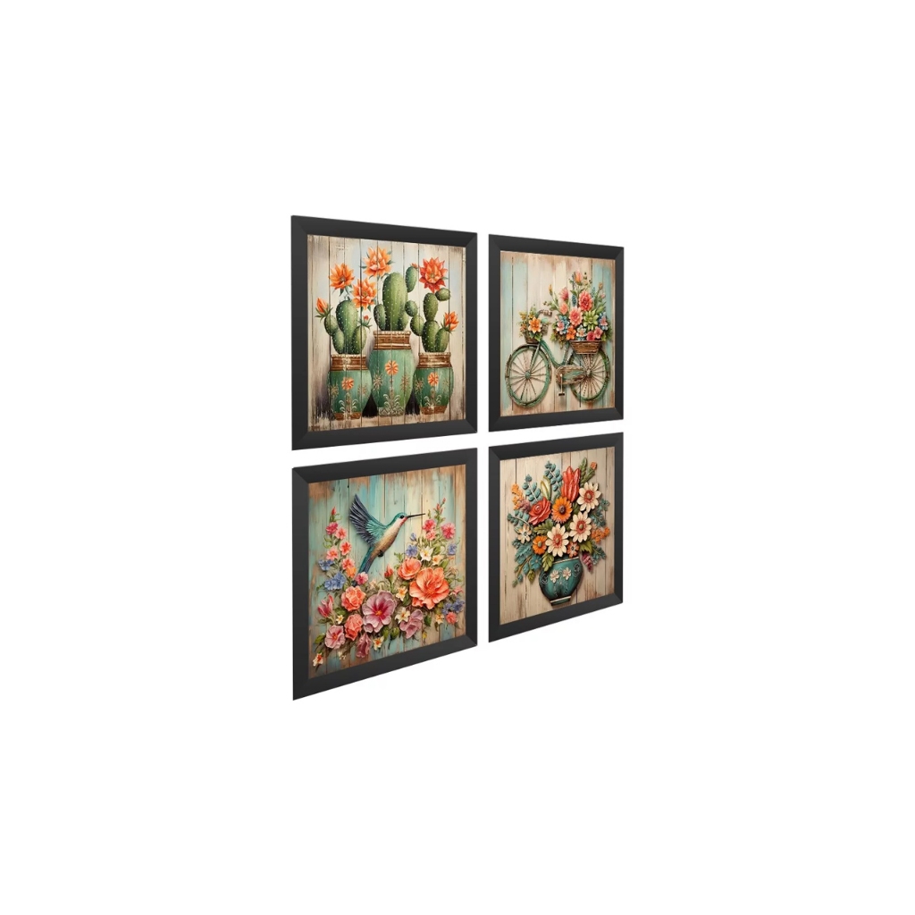 Kit 4 Quadros Decorativos Banheiro, Varanda, Cactos, Flore