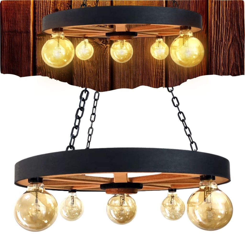 Luminária Roda De Carroça 5 Bocais 60 Cm Diâmetro 110/220 V Grande Rustica