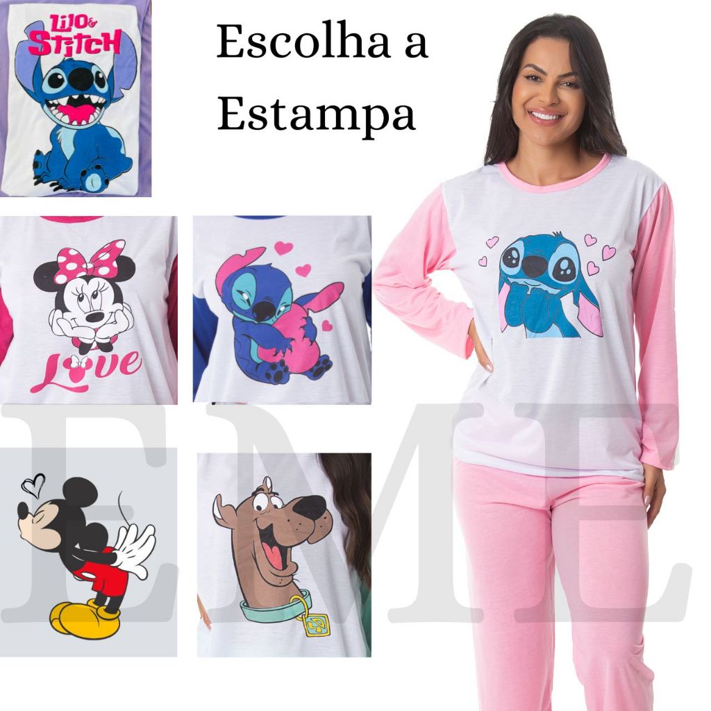 Pijama de Inverno Manga Longa Feminino Adulto Confortável Frio Estampado Escolha Estampa
