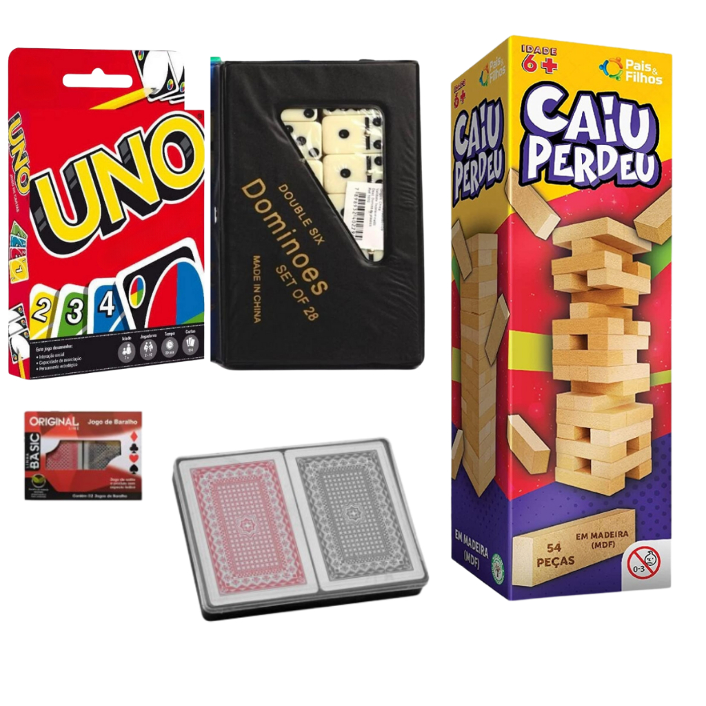 Uno + Caiu Perdeu + Dominó + Baralho Jogos Para família Viagem em Oferta na Shopee