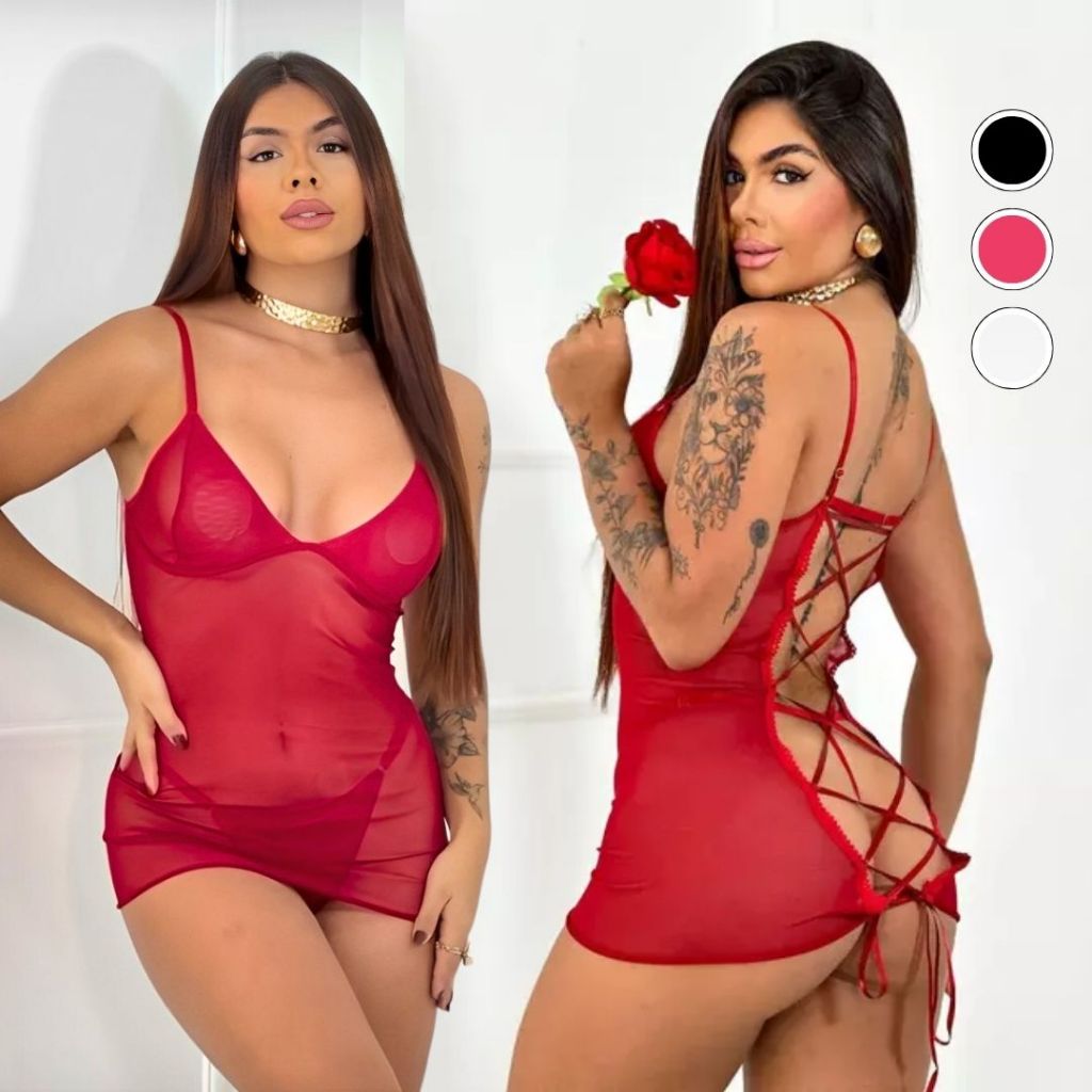 Camisola Sexy Lingerie Sensual Transado Calcinha Fio Dental Sensual Dia dos Namorados