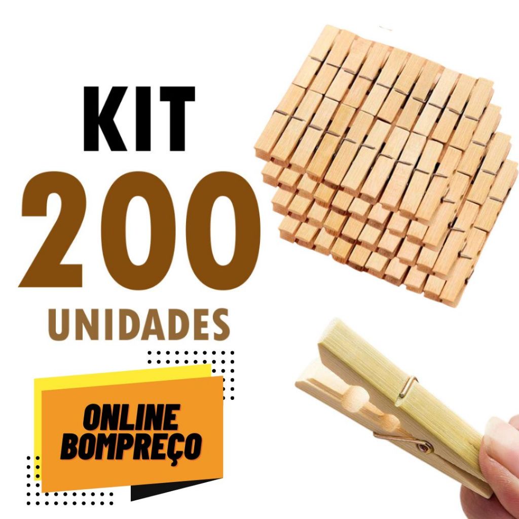 Kit 200 Prendedor Grampo De Roupas Bambu Embalagem com 200 Unidades