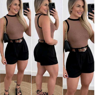 Conjunto feminino em alta short + cropped + cinto ajustável em Oferta na Shopee