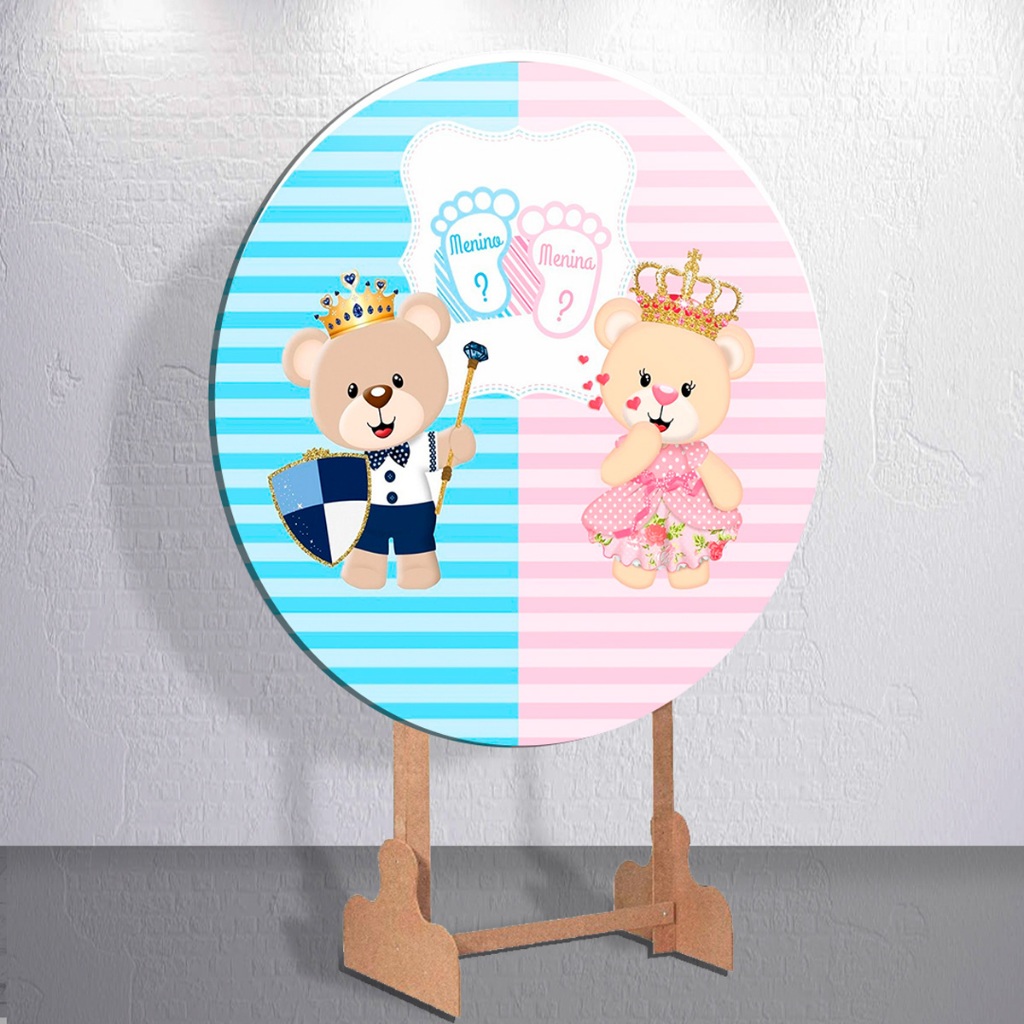 Painel Festa Chá Revelação Ursinho Rosa e Azul Painel Redondo Trio Cilindro Sublimado Kit Decoração