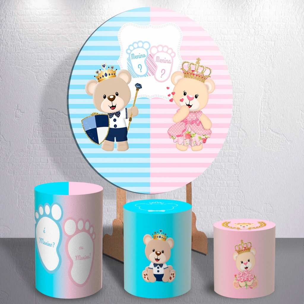 Painel Festa Decorativo Chá de Revelação Ursinhos Capas Sublimadas Trio Cilindro Decoração Tema


