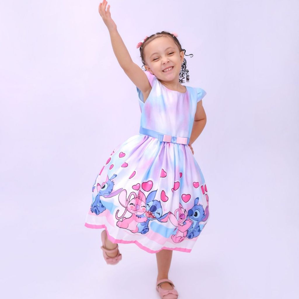 Vestido Infantil Lilo e Stich Angel e Várias Estampas Temáticas Meninas Aniversário e ALTA...