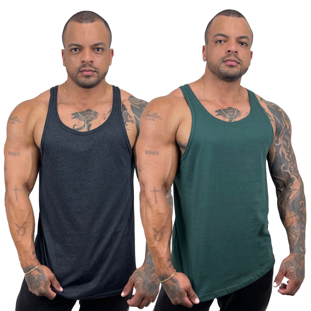 Kit com 2 Regatas Masculinas Grafite + Cores Modelo Cavada Nadador em Algodão Lisas - Bombey em Oferta na Shopee