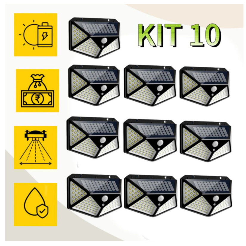 Kit 10 Luminária Solar 100 Led Com Sensor Jardim Prova D'água