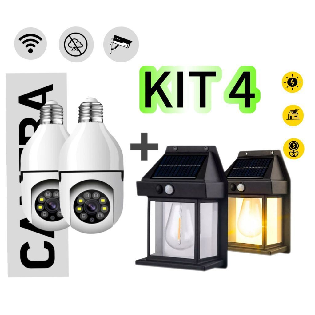 Kit 2 Câmera Segurança Prova D'água + Luminária Arandela Vintage Placa Solar Lâmpada Externa-LT8609