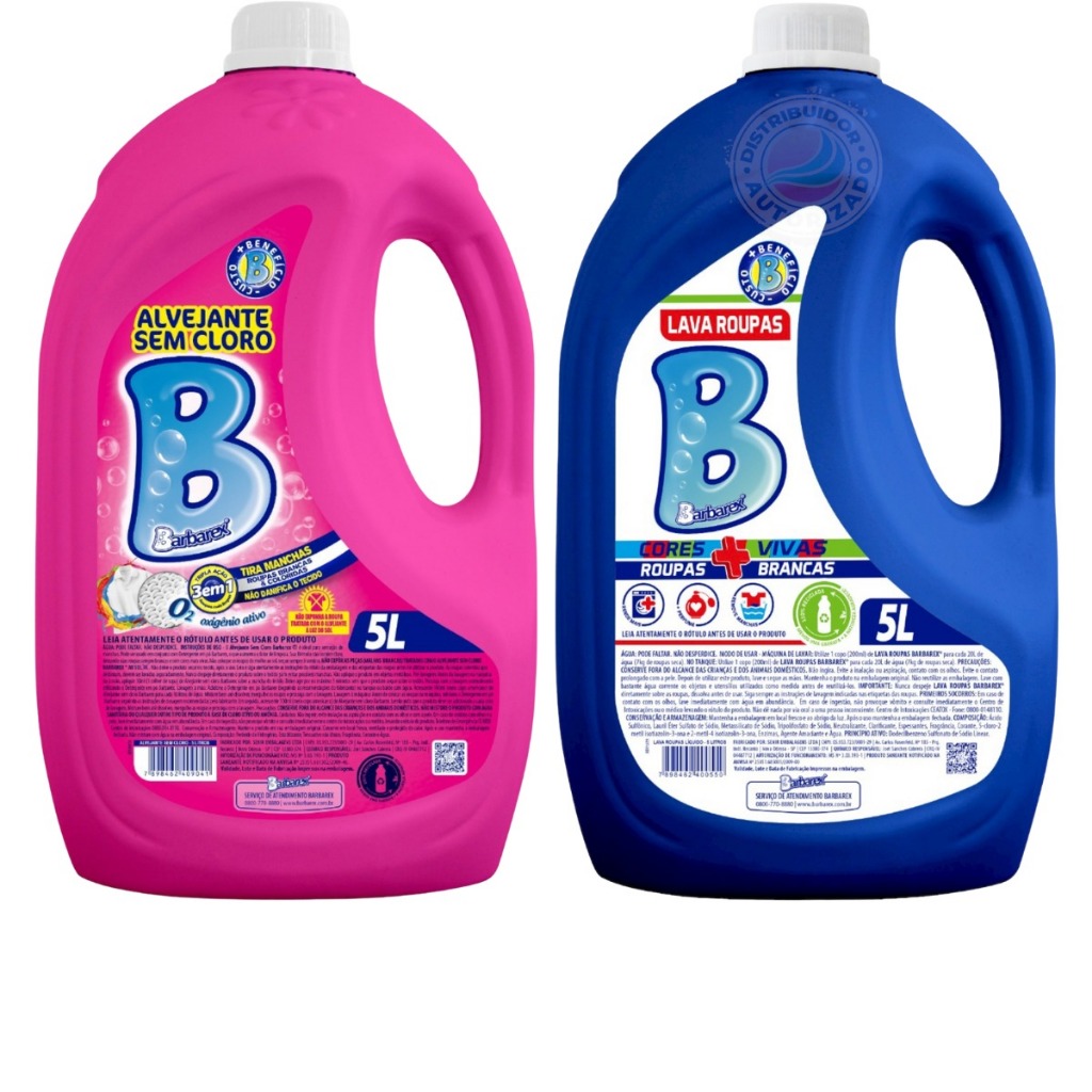 01 Sabão Lava Roupas 5L + 01 Alvejante Sem Cloro 5L Barbarex