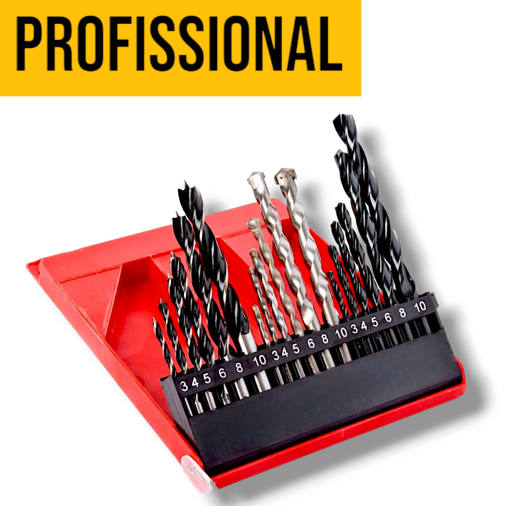 KIT JOGO BROCAS COM 6/16 PEÇAS PARA METAL, MADEIRA E CONCRETO COMPLETO
