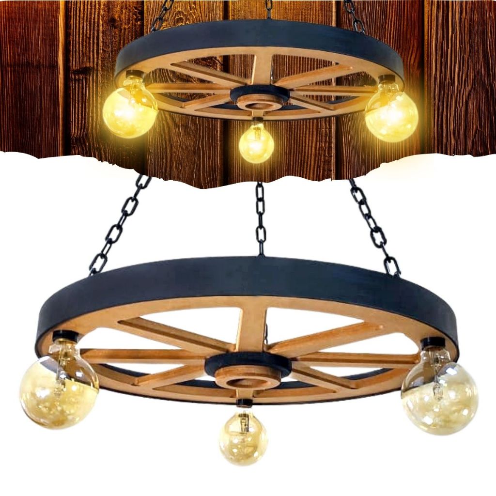 Luminária Lustre Pendente Roda De Carroça 3 Bocais 60 Cm Diâmetro 110/220 V Grande Rustica