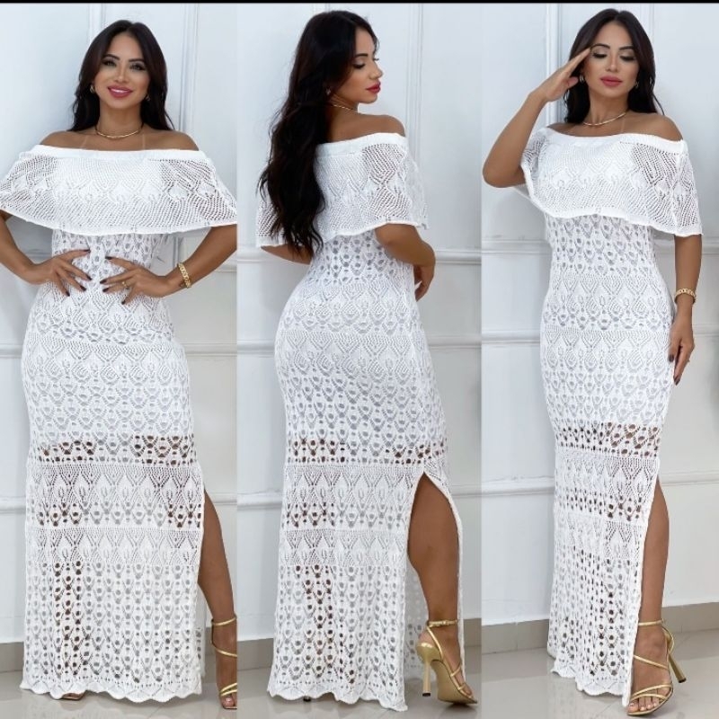 vestido longo feminino  ciganinha babadinho  ombro a ombro fenda laterais tricô