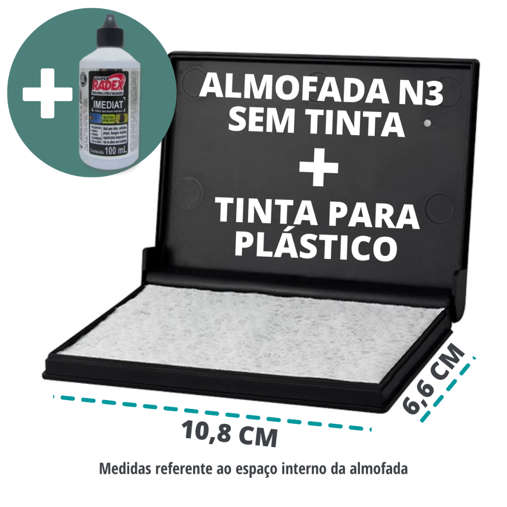 Kit Almofada Carimbo N3 + Tinta Secagem Rapida p/ Plastico