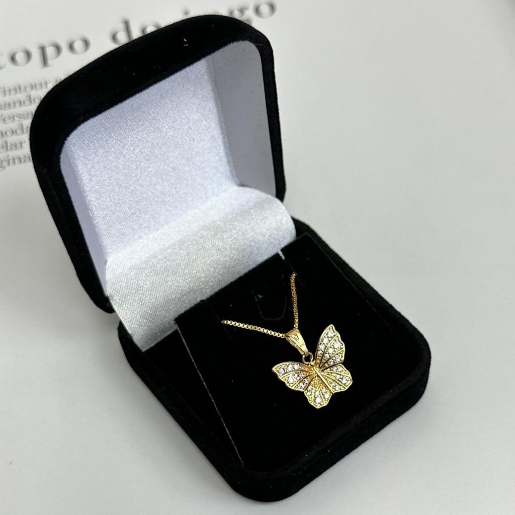 Colar Feminino Borboleta Zircônia Caixinha Cordão Veneziano Banhado a Ouro 18k