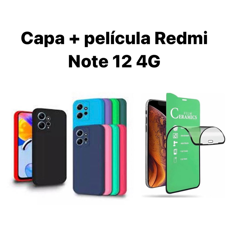 Kit 2X1 Xiaomi Redmi Note 12 4G - Capa Silicone Líquido Aveludada Colorida + Película em Cerâmica 9D
