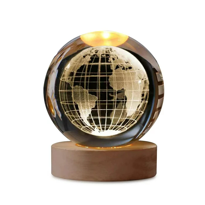 10 Mini Luminária Led Globo De Vidro Planetário 3d Com Cabo USB Com Base de Madeira