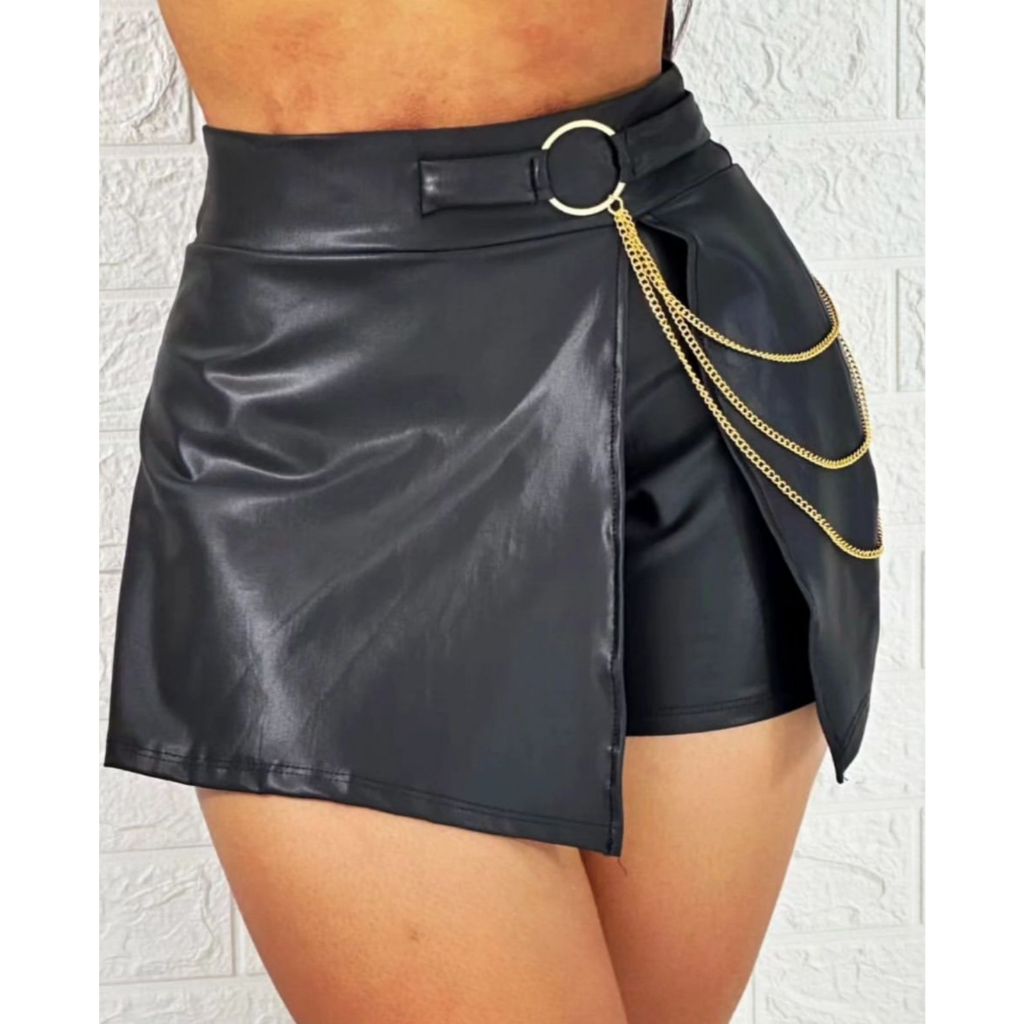 Short Saia com Corrente Lateral Argola Detalhe em Dourado Tendencia em Oferta na Shopee