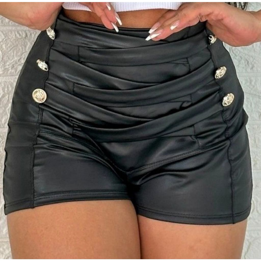 Short Feminino Couro Fake com Três Botões Laterais Cintura Alta Tendência Blogueira em Oferta na Shopee