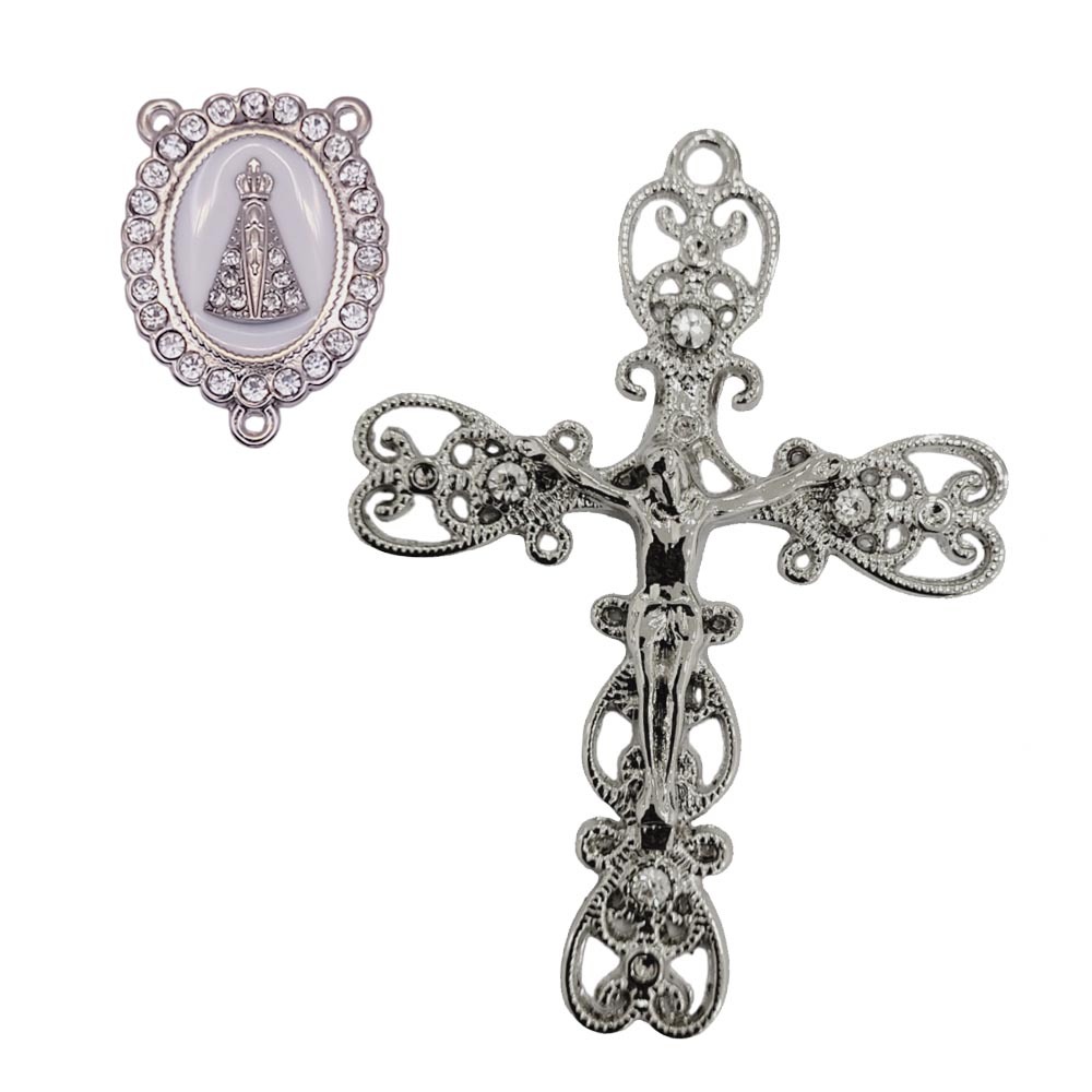 Entremeio de Nossa Senhora Aparecida com strass e crucifixo terço de noiva lindo alta qualidade