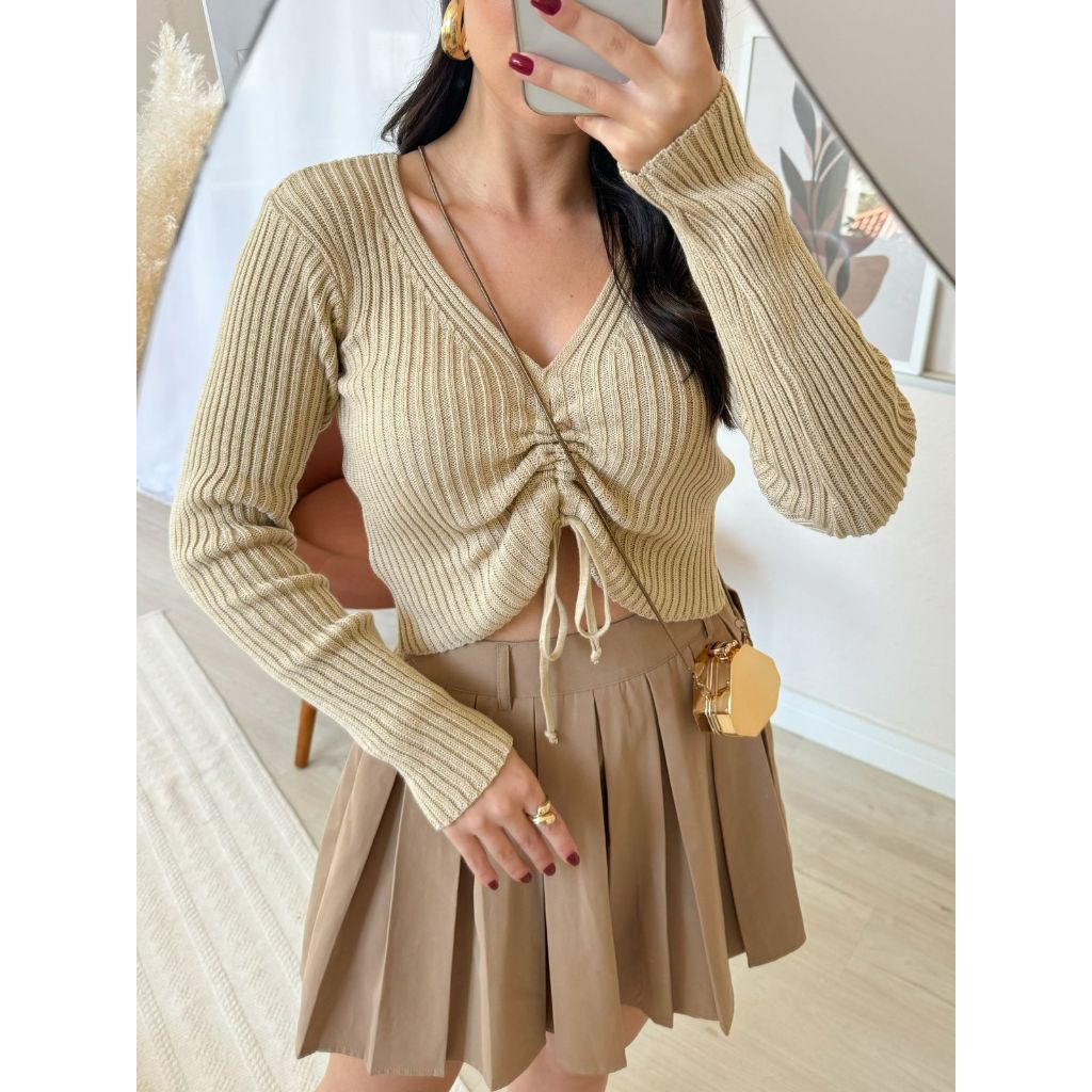 Blusa Tricot Feminina Decote V com Amarração – Moda Outono/Inverno Look Elegante em Oferta na Shopee