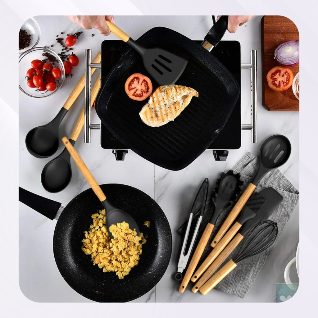 Kit C/12 Peças Utensílios De Cozinha Colheres Espátula Silicone Cabo Madeira Decoração Livre BPA