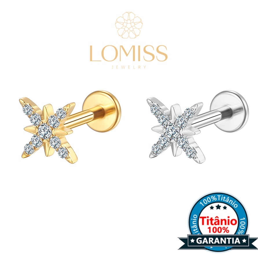 Piercing Orelha Labret Titânio Pvd Floco De Neve Zircônia《Lomiss semijoias》 em Oferta na Shopee