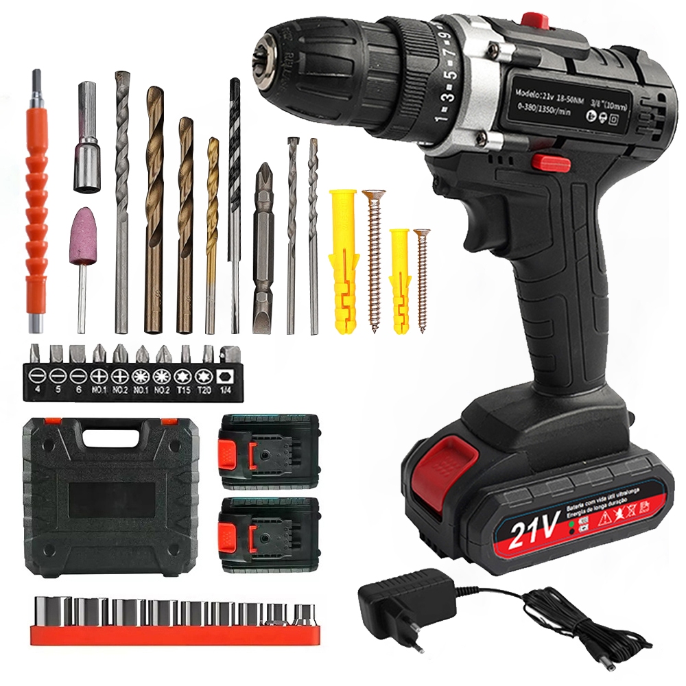 Furadeira Parafusadeira 3/8" a bateria 21V com kit de brocas e bits+com Maleta (110V/220V)