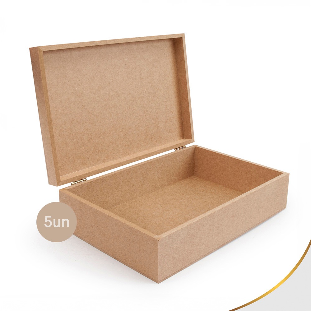 Kit 5 Caixa Retangular Lisa Com Dobradiça 30x20x7,5 - MDF Cru