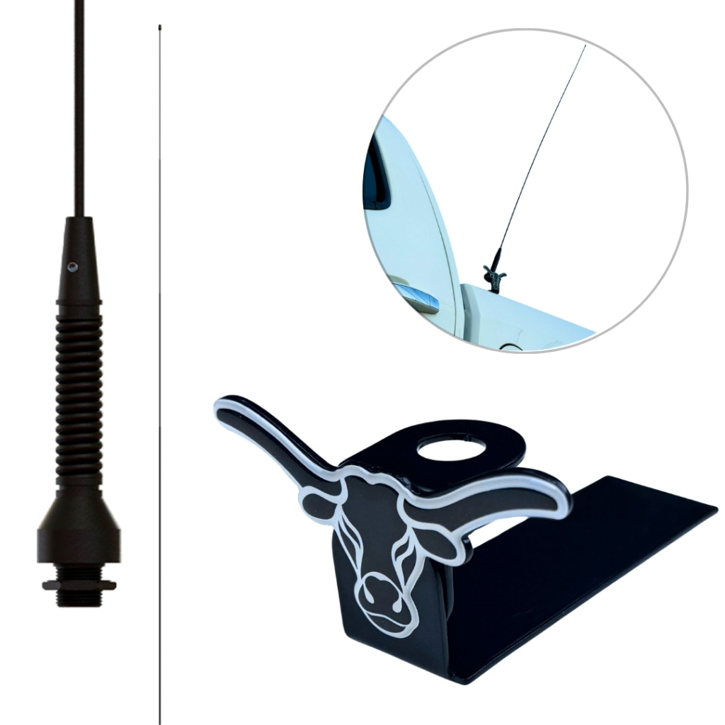Antena Px Caminhonete Preto Fosco E Suporte Cabeça De Touro
