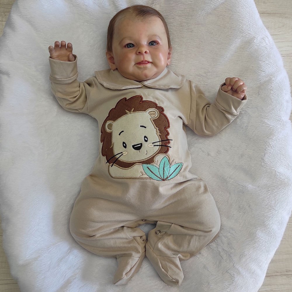 Macacão Manga Longa Bebê Menino Malha Com Bordado Leãozinho Verde/Bege em Oferta na Shopee