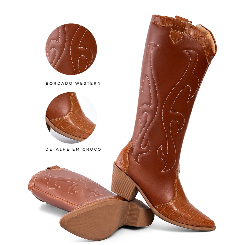 Bota Feminina Lumiss Country Western Texana Salto Grosso Bico Fino Confortável C