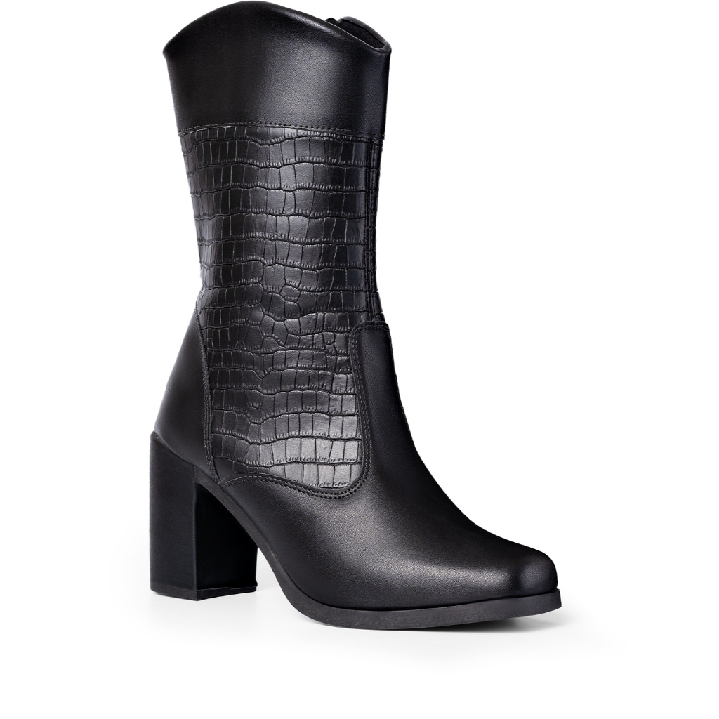 Bota Feminina Lumiss Cano Médio Montaria Salto Bloco Grosso Confortável Croco