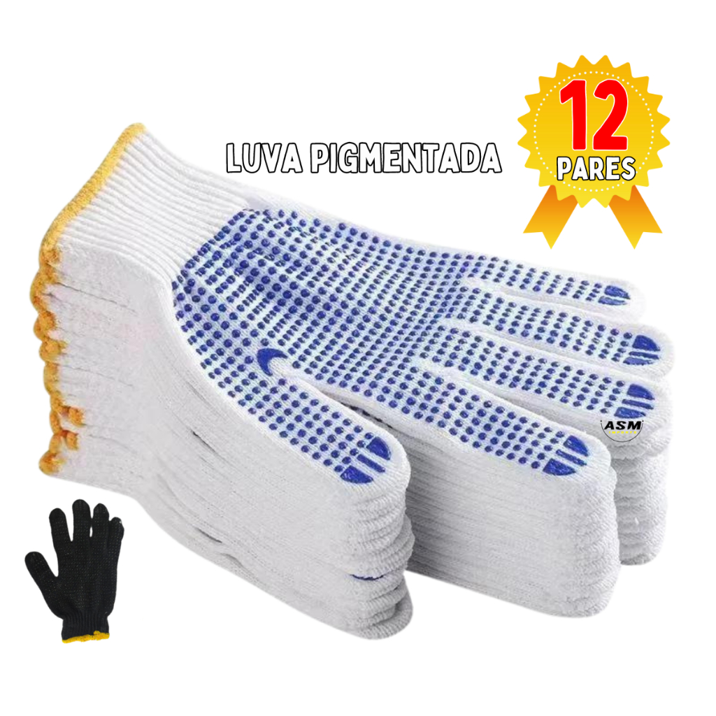 Kit com 12 Pares de Luva Pigmentada de Malha Tricotada Para Obras Construção P Proteção Construção