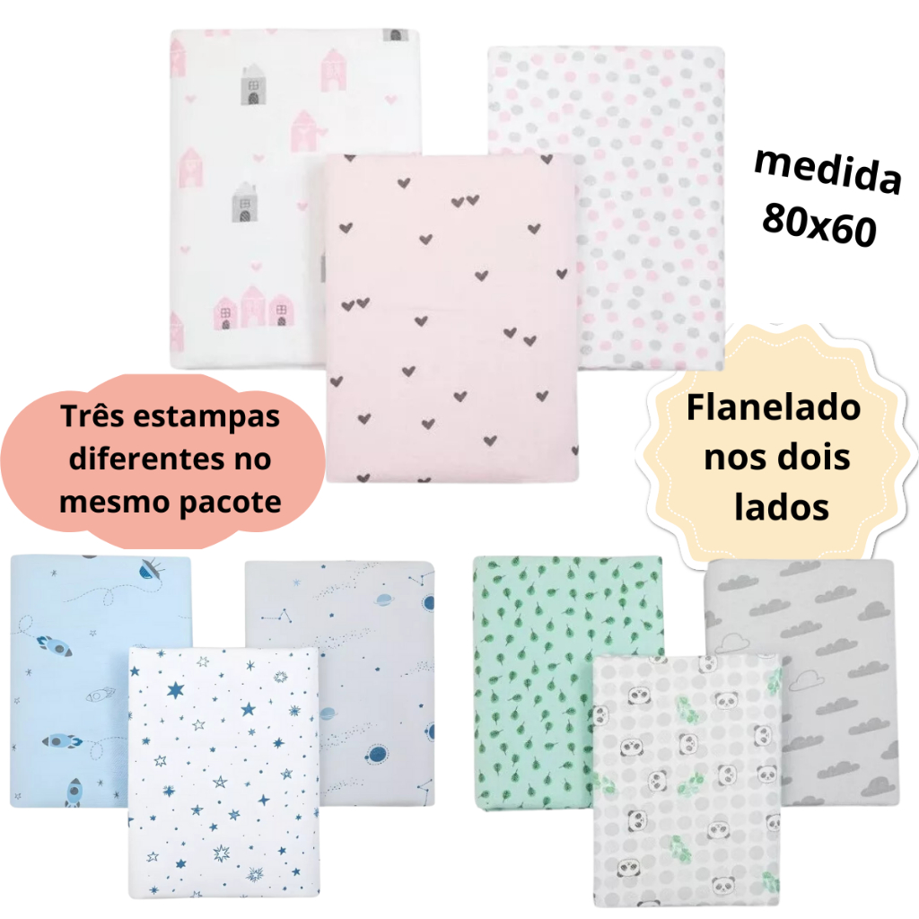 Cueiro FLanelado Manta Bebe Estampado 80x60cm Menino Menina Papi 3 unidades Algodão em Oferta na Shopee