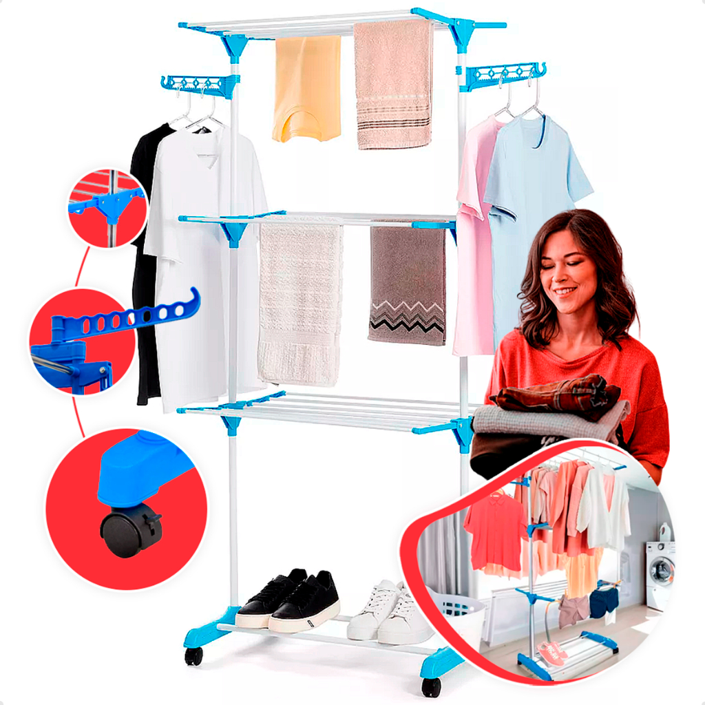 Varal de chão Torre 3 Andares Dobrável Retratil Compacto com 4 Rodas Azul em Oferta na Shopee