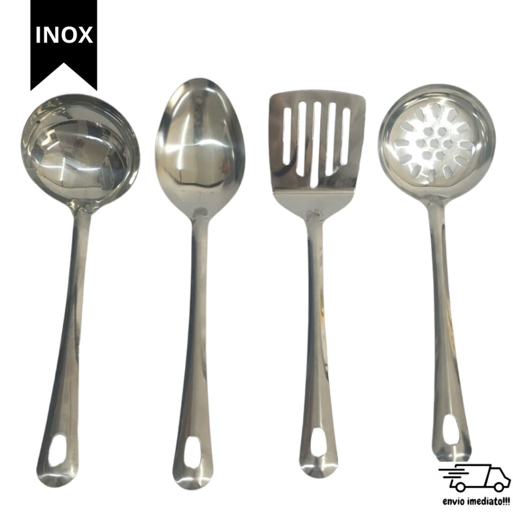 Utilidades Cozinha INOX Kit 4 Pçs Colher Arroz Concha Escumadeira Espátula Louça Servir Restaurante