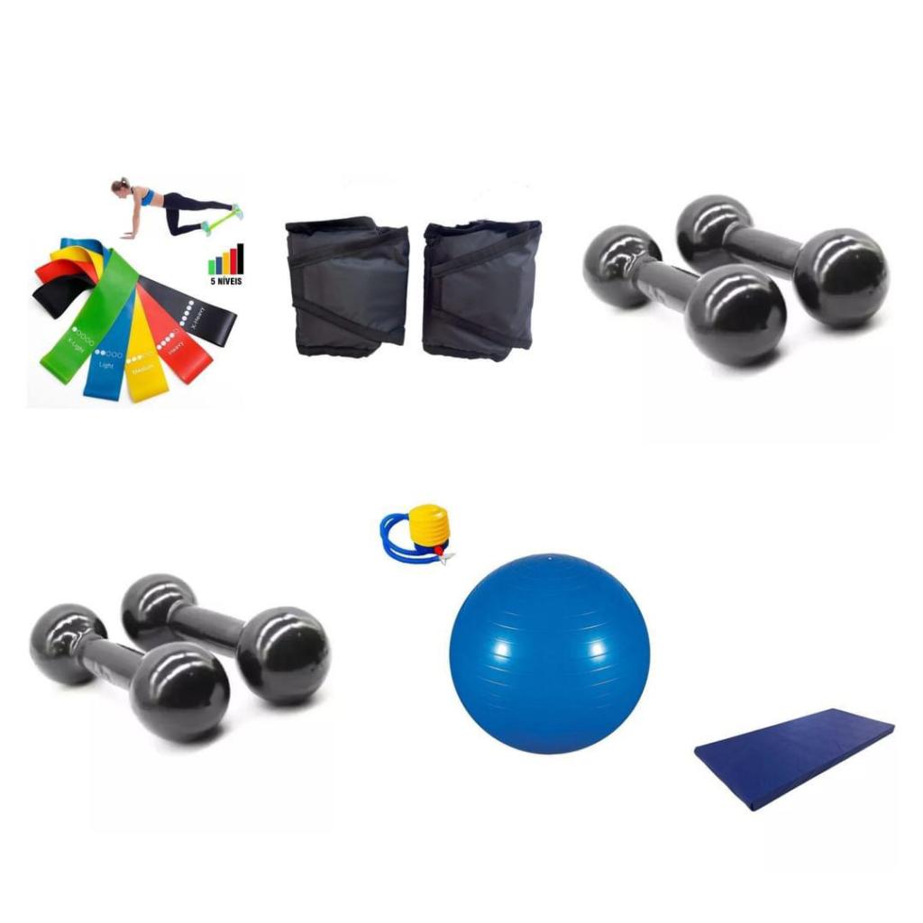 Kit Academia Pares de Halteres de 1kg e 2kg + Par Caneleira 2kg + Bola Pilates + Colchonete + Kit Miniband