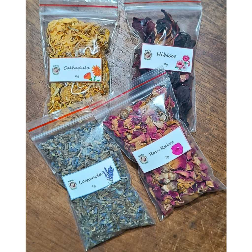 Mini Kit 4 flores desidratadas, calêndula, hibisco, rosa rubra e lavanda, roedores, enriquecimento ambiental, sensorial em Oferta na Shopee